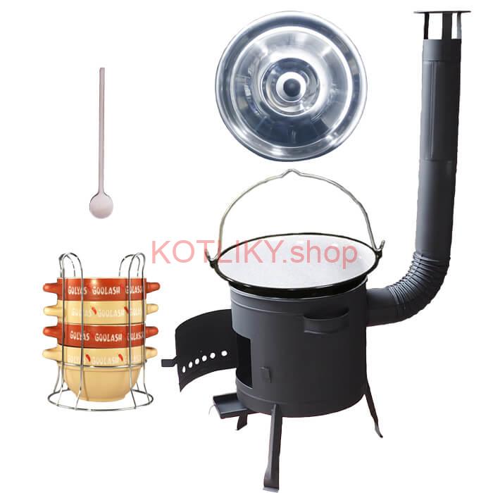 Smaltovaný kotlík 25 L (1,2 mm) + misky na guláš 4 ks + nízka žiaruvzdorná kotlina 42 PLUS 600