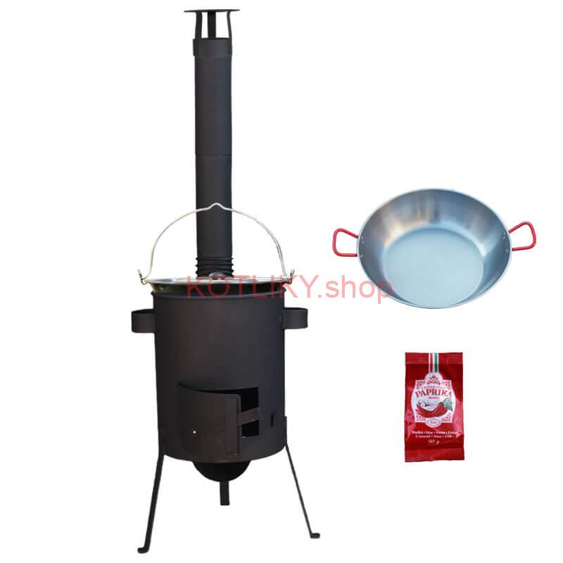 Smaltovaný kotlík 22 L + Panvica PAELLA (WOK) 45 cm + sladká paprika 50 g + žiaruvzdorná kotlina 42 PLUS 600 s roštom na popol 4 mm