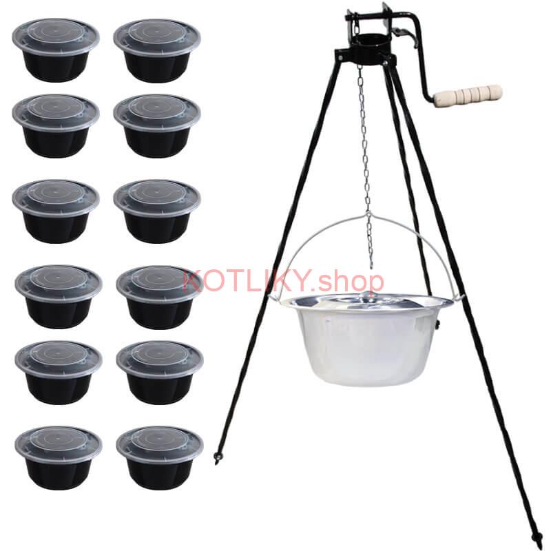 Nerezový kotlík 14 L (0,8 mm) INOX+ stojan s kladkou VAR + misky 12 ks