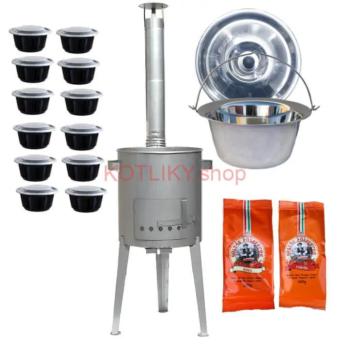 Nerezový kotlík 22 L (0,8 mm) INOX + nerezová kotlina 42 cm LUXUS + misky 12 ks + 2 x korenie na guláš 100 g