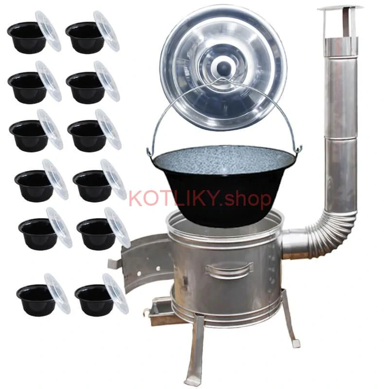 Smaltovaný kotlík 22 L + Nerezová kotlina 42 INOX + misky 12 ks