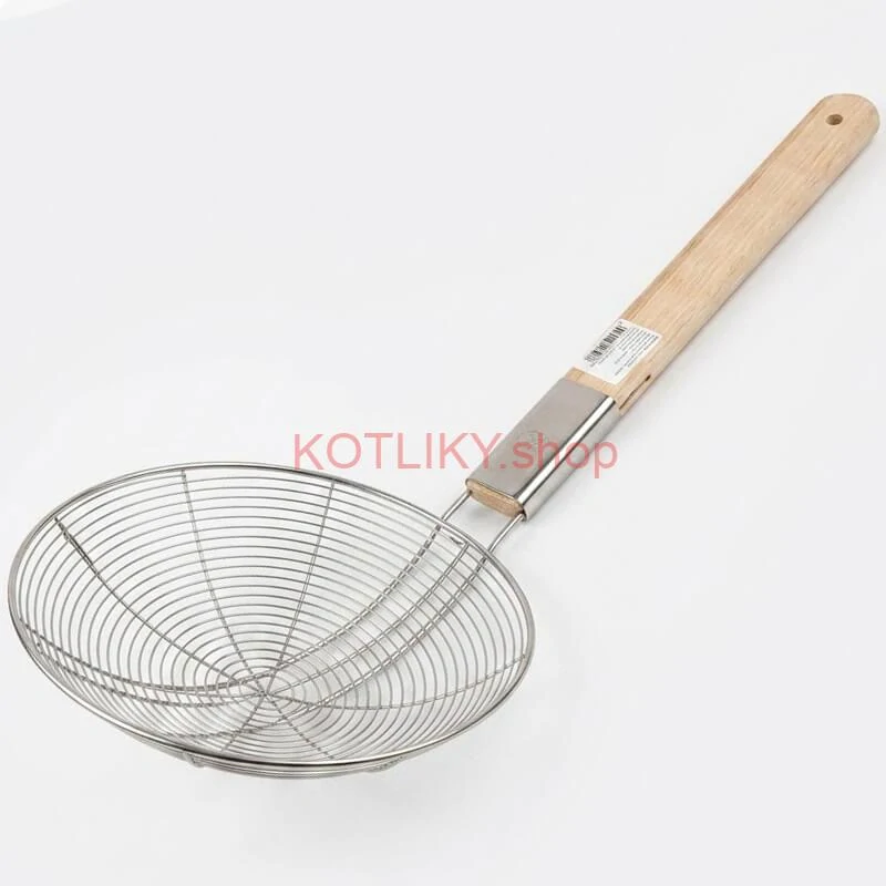 Veľké nerezové sitko 22,5 cm s drevenou rukoväťou – dĺžka 56,5 cm