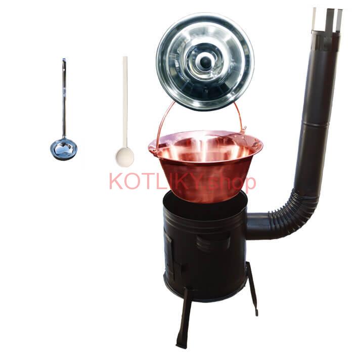 Medený kotlík 10 L (1,2 mm) + kovová kotlina 31 CLASSIC (KOV) + vareška a naberačka PARTY