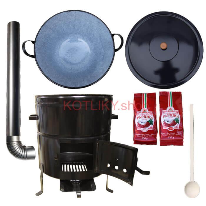 Smaltovaný kotlík na guláš 60 L (1,2 mm) s uškami + kovová kotlina 53 cm a maďarská paprika MAX PARTY