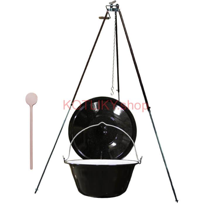 Smaltovaný kotlík 25 L (1,2 mm) + teleskopická trojnožka s poistnou kladkou + pokrievka
