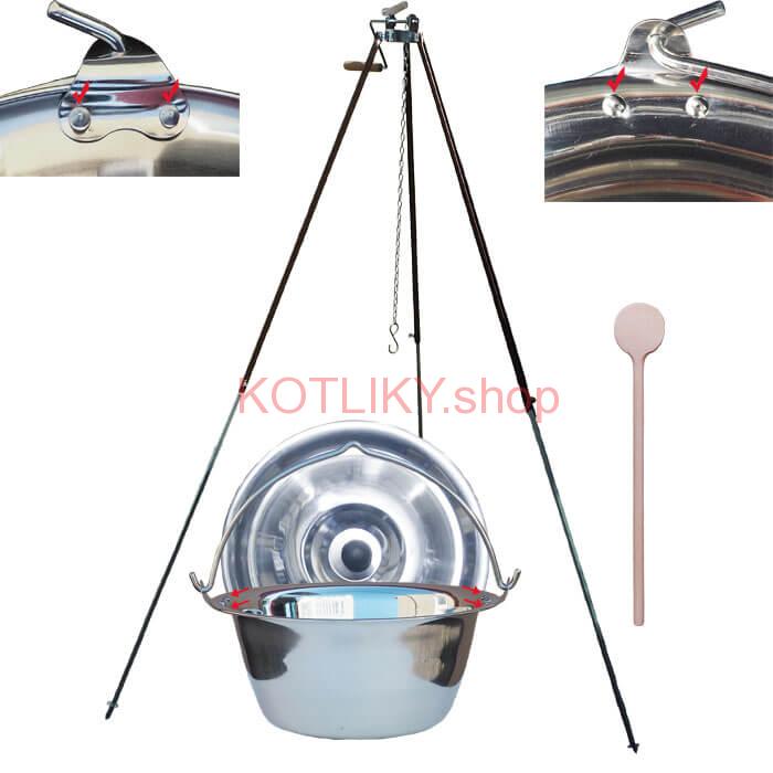 Antikorový kotlík 20 L (0,8 mm) s nitmi + teleskopická trojnožka s poistnou kladkou + pokrievka