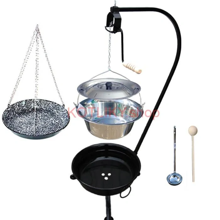 Nerezový kotlík 10 L (0,8 mm) INOX + smaltovaná panvica + ohnisko so stojanom a s poistnou kladkou VAR