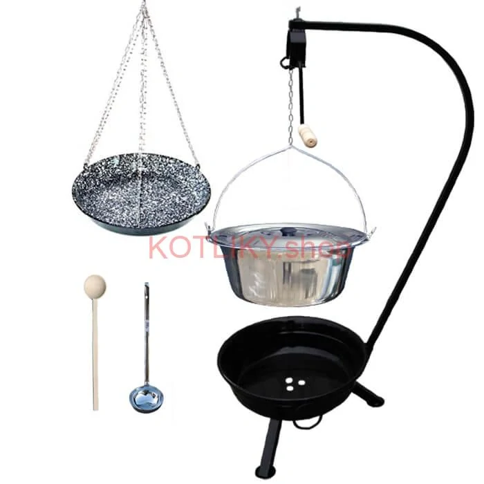 Nerezový kotlík 10 L (1,2 mm) INOX + smaltovaná panvica + ohnisko so stojanom a s poistnou kladkou VAR