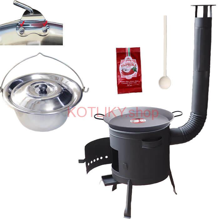 Zosilnený nerezový kotlík 15 L (0,8 mm) + Paella oceľová panvica + nízka žiaruvzdorná kotlina 36 cm PLUS 600