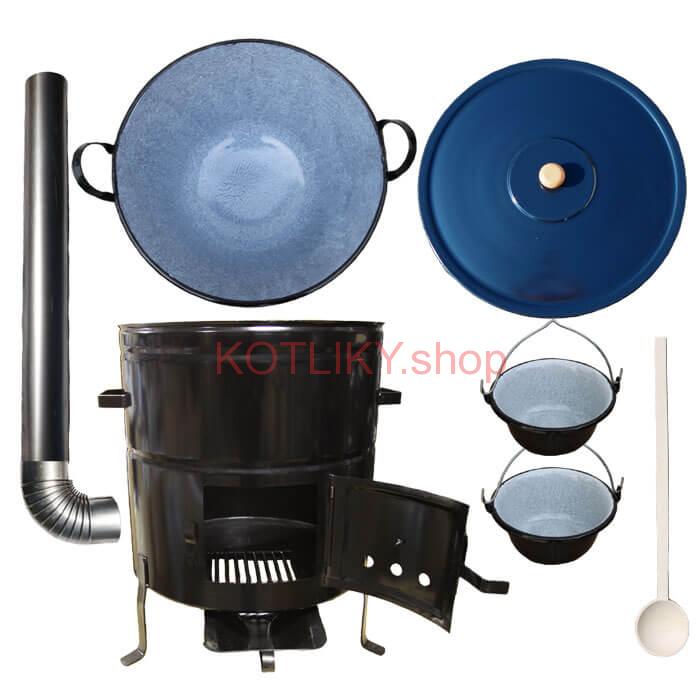 Zabíjačkový smaltovaný kotol 70 L + kovová kotlina 56 cm + 2 servírovacie kotlíky